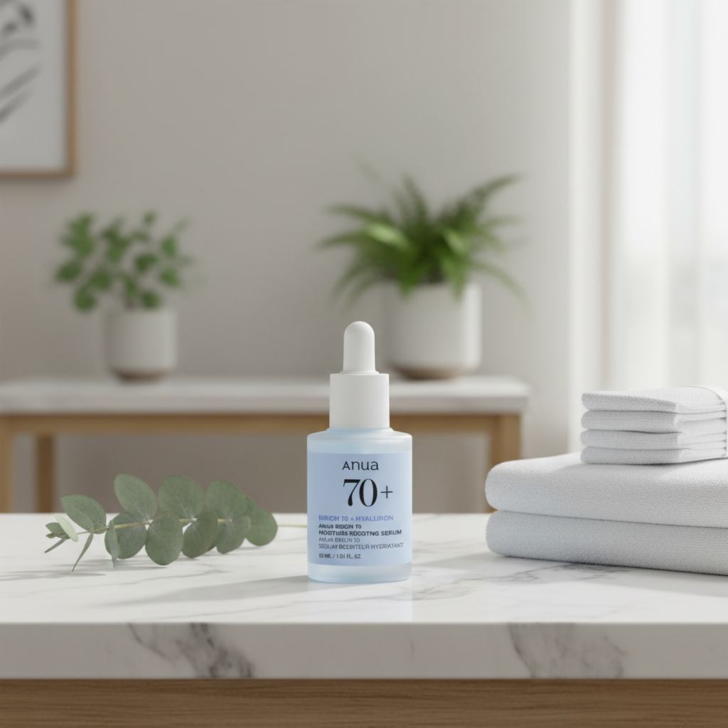 Anua 70+ skincare serum bottle on a white background