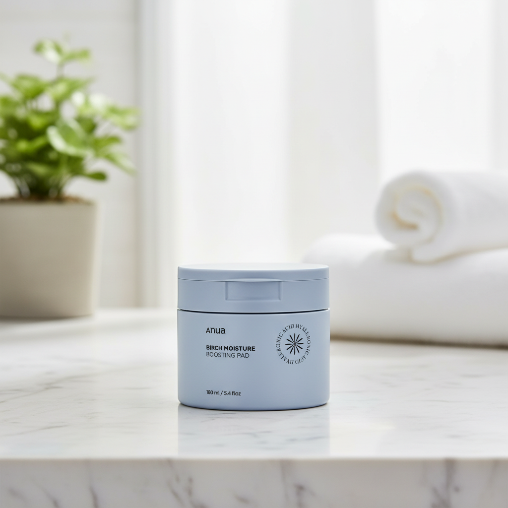Blue jar of Anua Birch Moisture Boosting Pad on a white background
