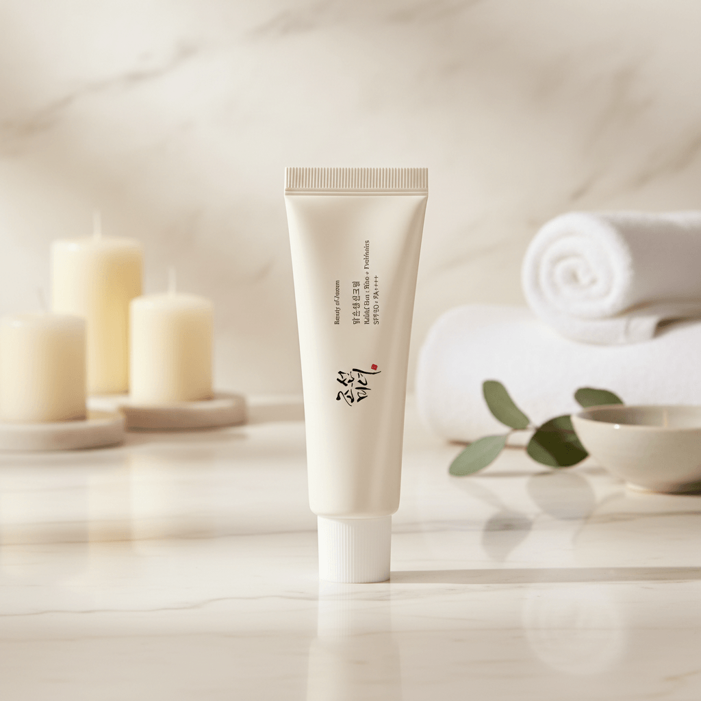 Skincare tube with brand logo on a light beige background