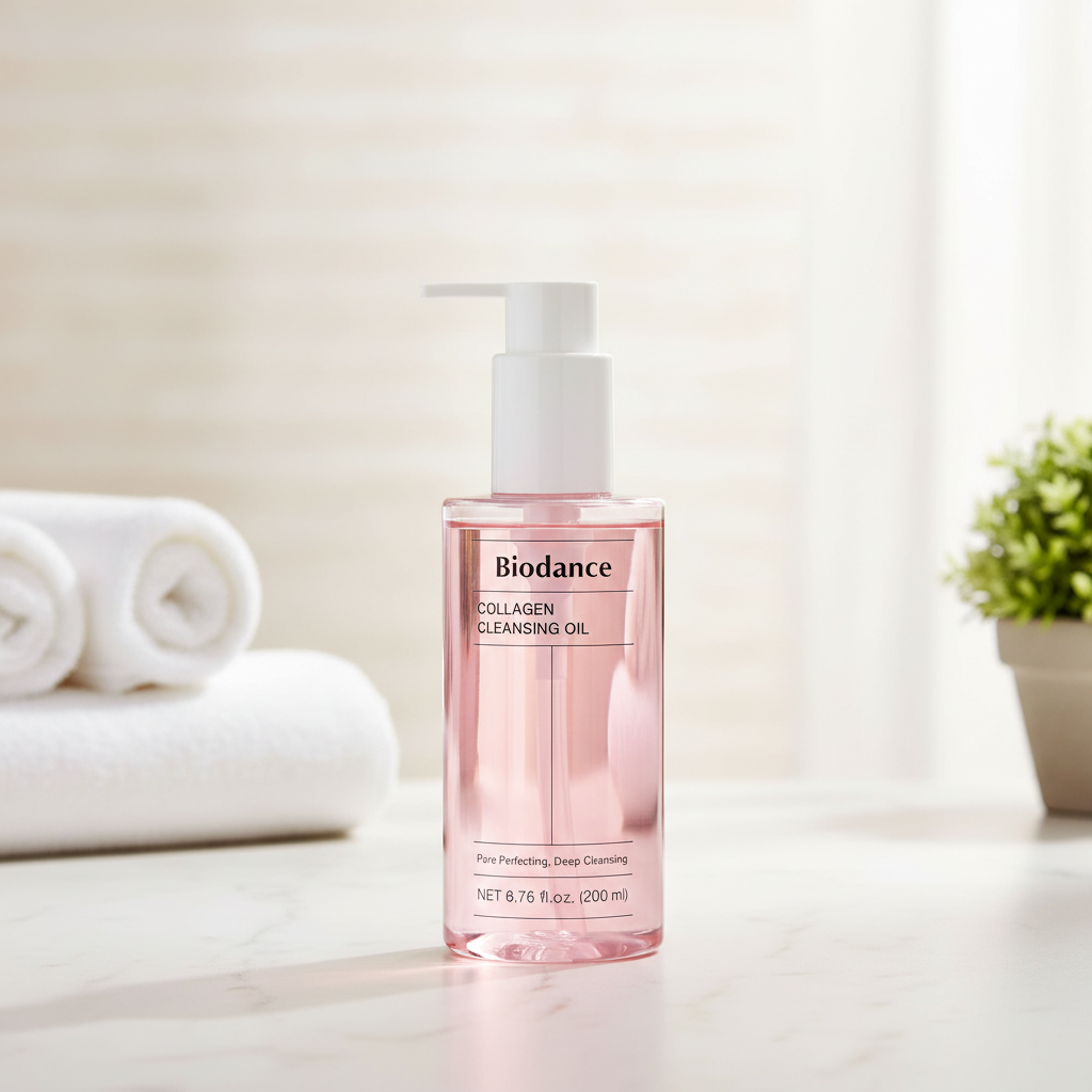 Biodance Collagen Cleansing Oil bottle on a light pink background