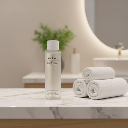 Biodance skin refining mild PHA toner bottle on a white background