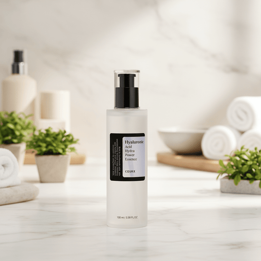 Skincare bottle labeled 'Hyaluronic Acid Power Essence' on a white background