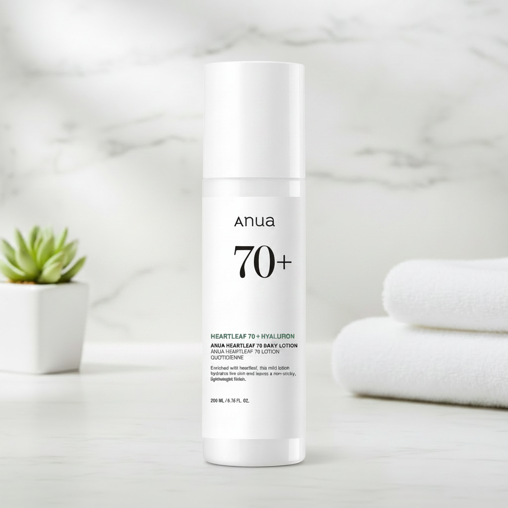 White skincare bottle labeled 'Anua 70+' on a white background