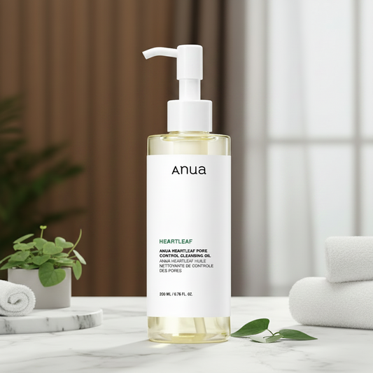 Anua Heartleaf pore control oil bottle with pump on a white background