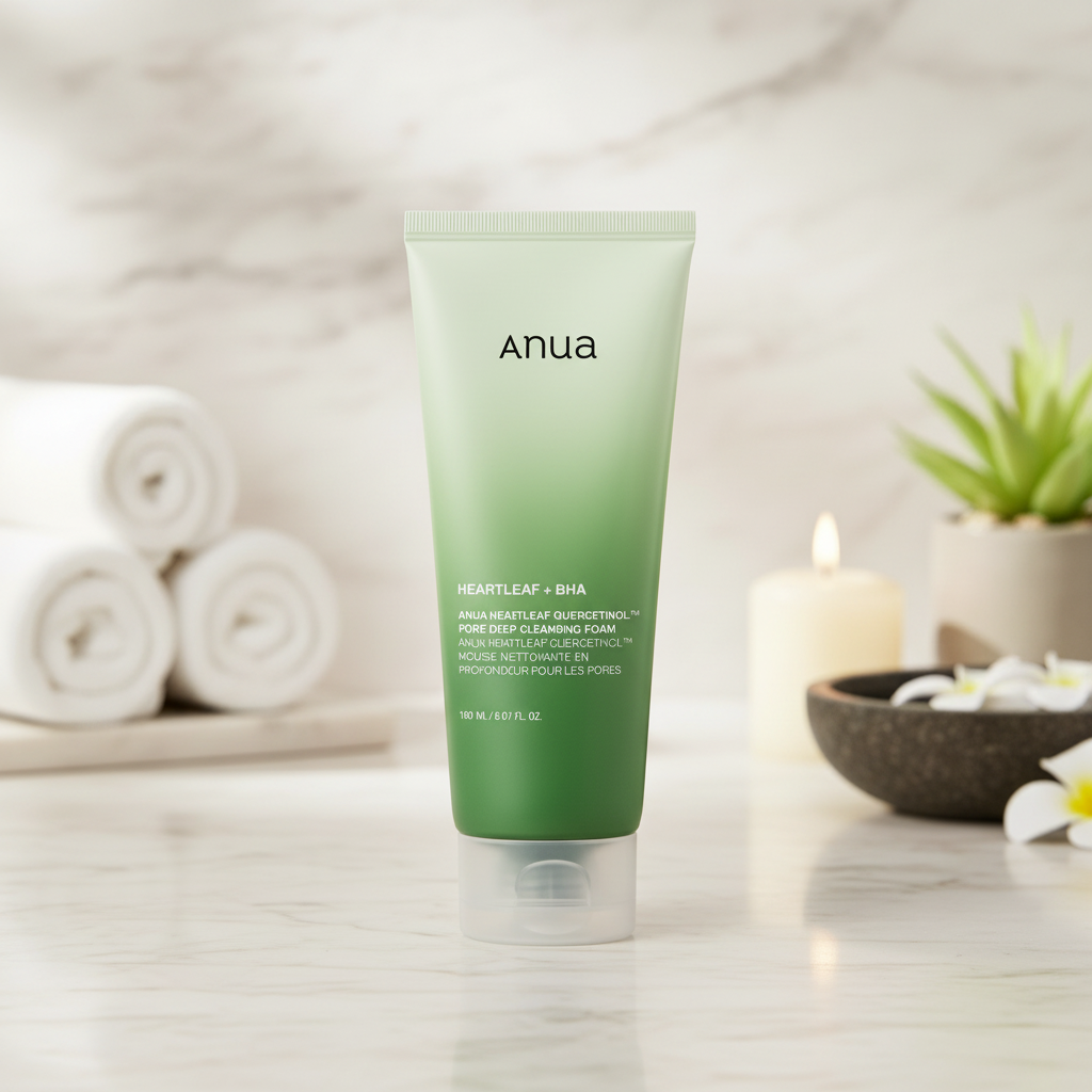 Green tube of anua product with a white background