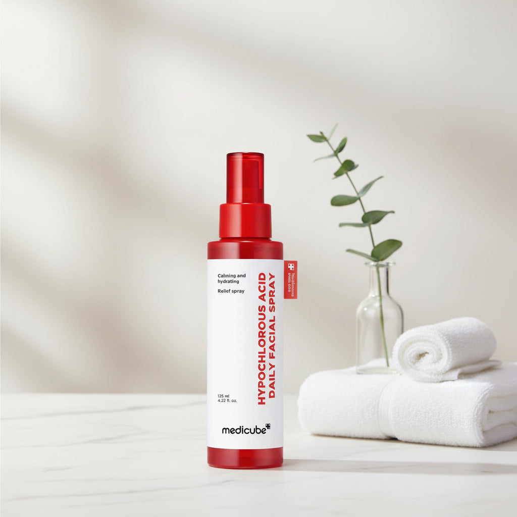 Medicube hypochlorous acid daily facial spray with red nozzle on a white background