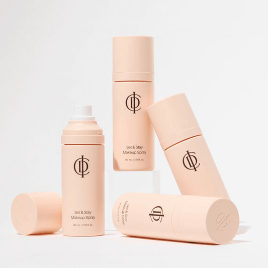 Riman ICD Makeup Set & Stay Makeup Spray bottles arranged for an elegant display, showcasing skincare and makeup setting functionality.