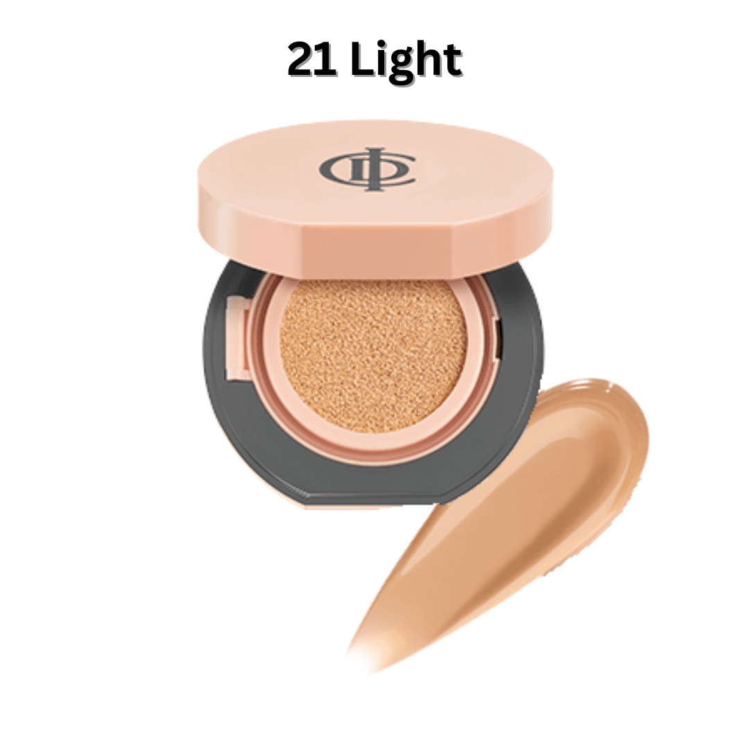 Riman ICD Makeup Luminous Glow Cushion in 21 Light shade with applicator swatch for luminous coverage.