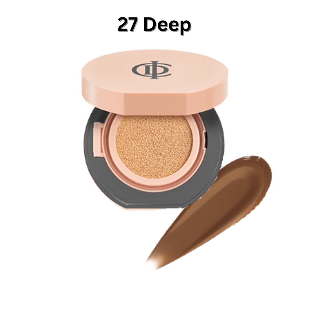 Riman ICD Makeup Luminous Glow Cushion in 27 Deep shade with a cushion applicator and swatch.