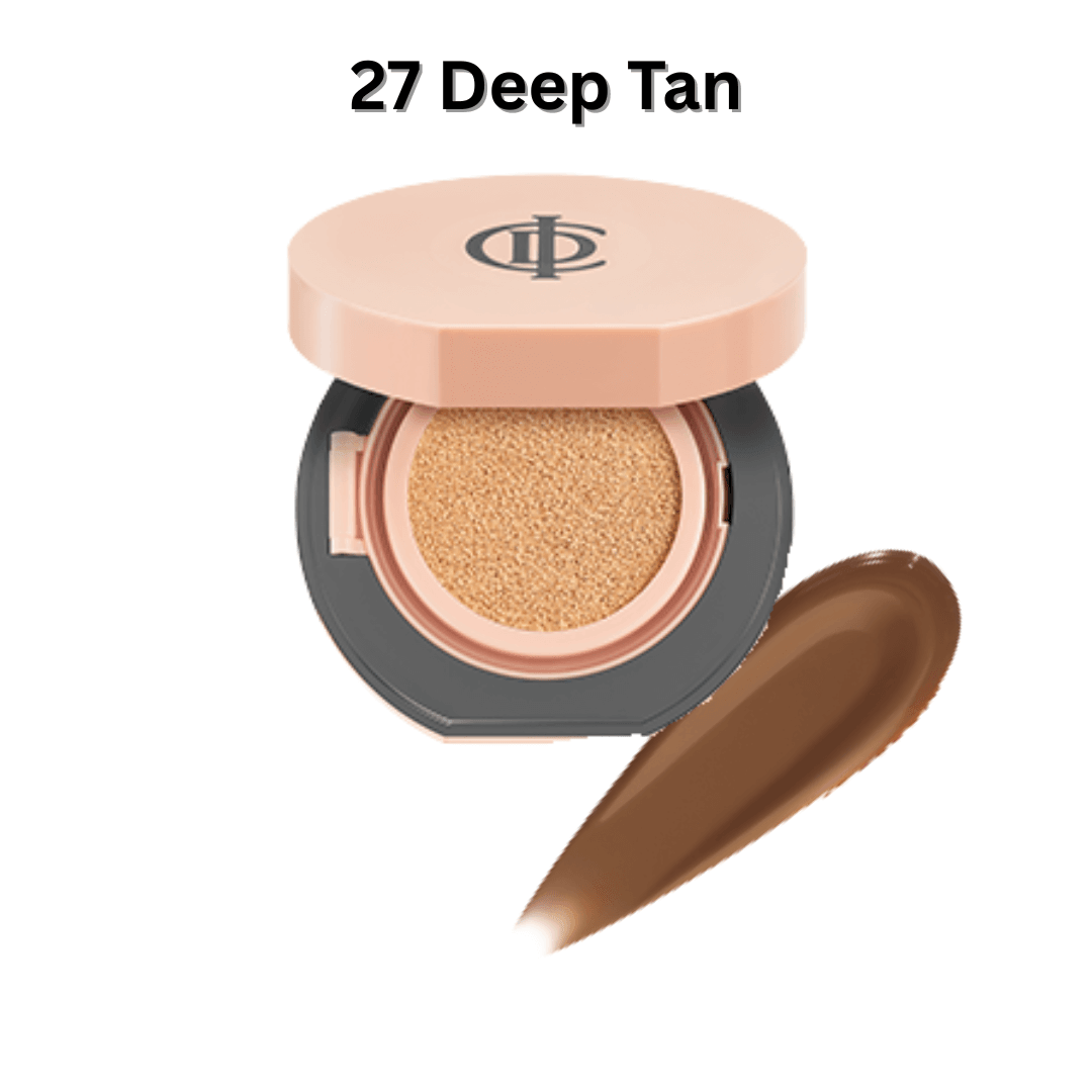 Riman ICD Makeup Luminous Glow Cushion in 27 Deep Tan shade with a creamy swatch beside it.