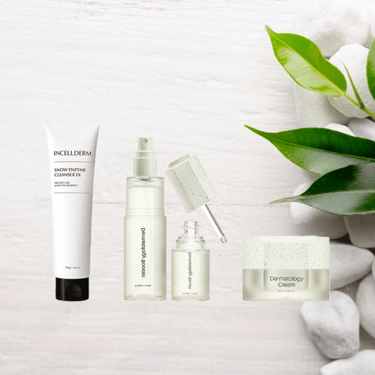 Riman ICD Mini Ritual Set featuring Snow Enzyme Cleanser, Dermatology First Package Booster, Serum, and Cream for radiant skin.