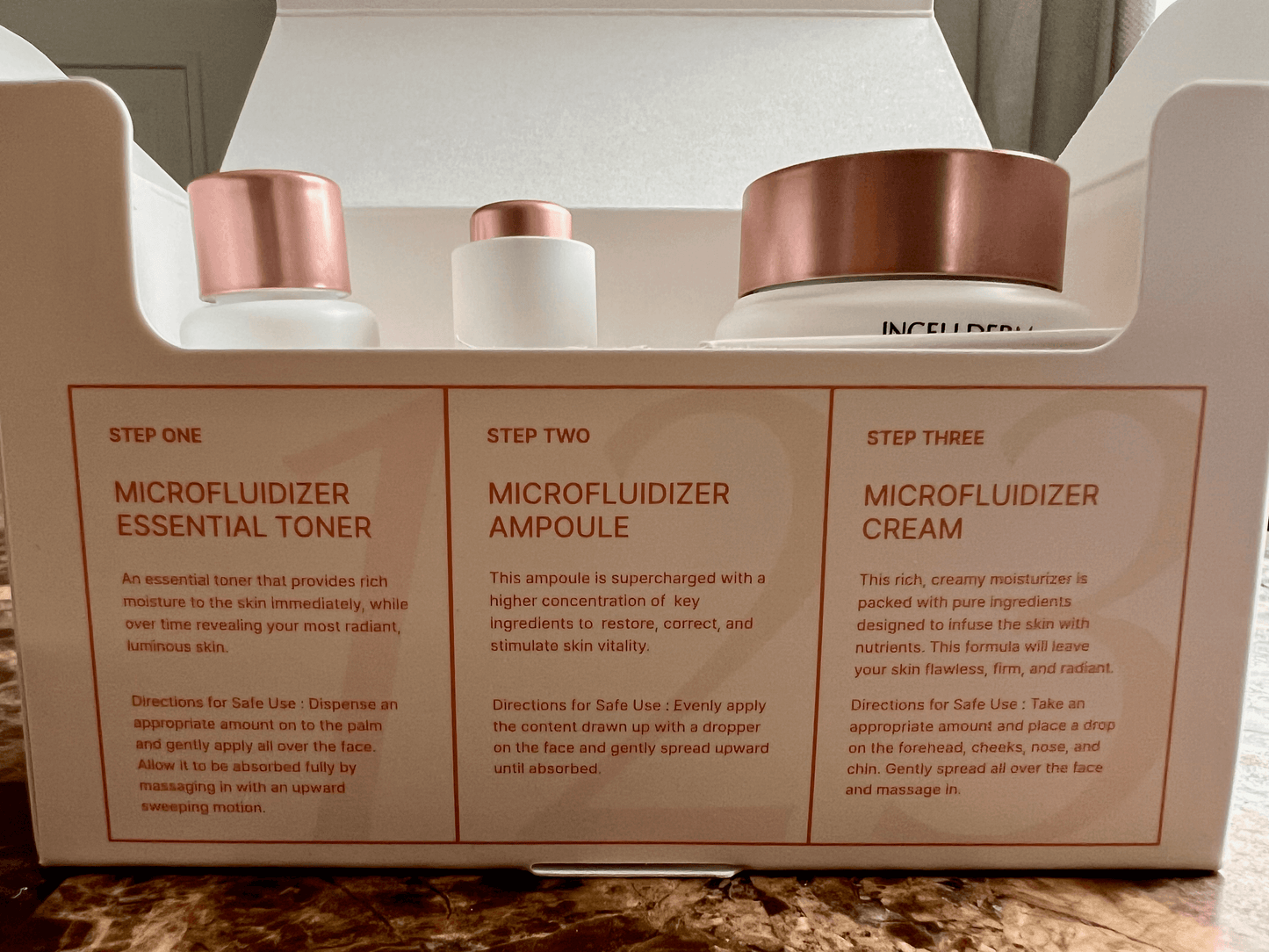 ICD Radiansome 100 Discovery Kit components showing Microfluidizer Essential Toner, Ampoule, and Cream instructions.