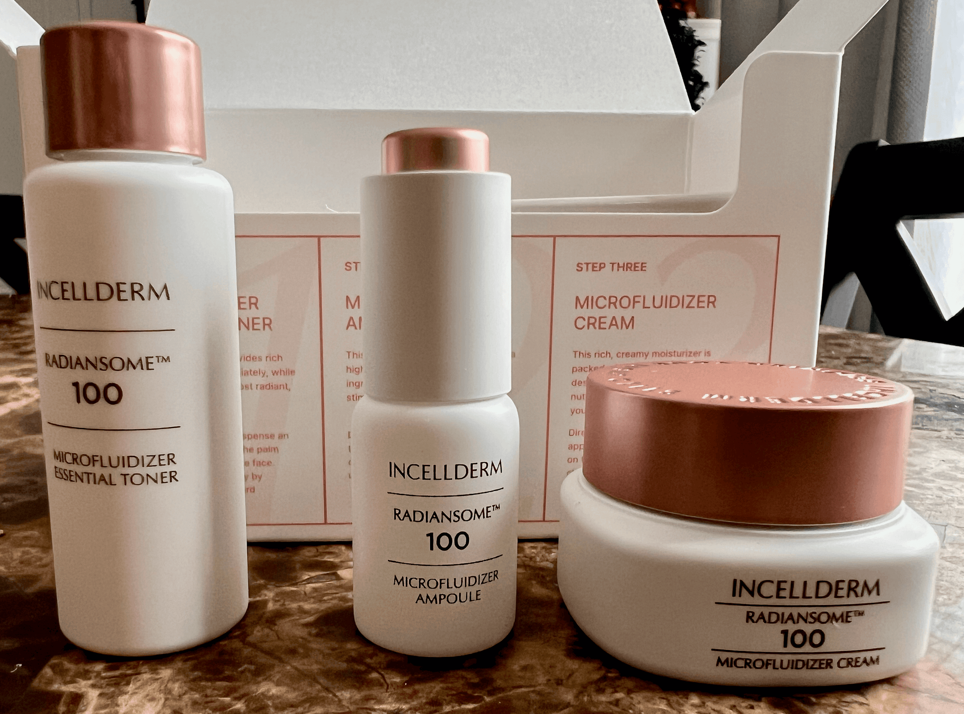 ICD Radiansome 100 Discovery Kit featuring essential toner, ampoule, and microluidizer cream from Incellderm.