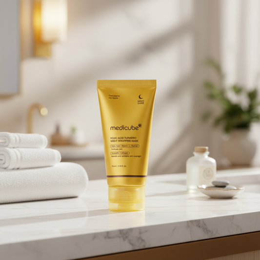 Medicube Kojic Acid Turmeric Night Wrapping Mask on a yellow background