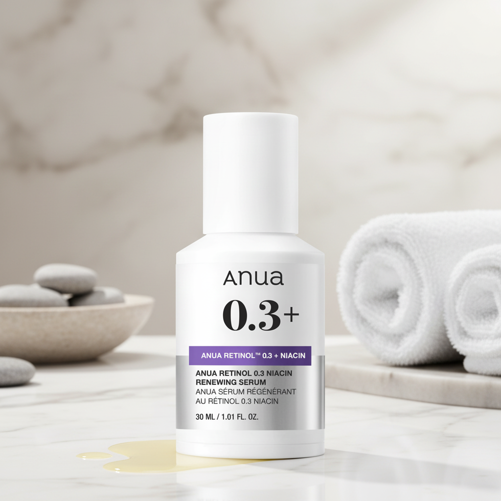 Anua skincare serum bottle with a yellow ball in the background