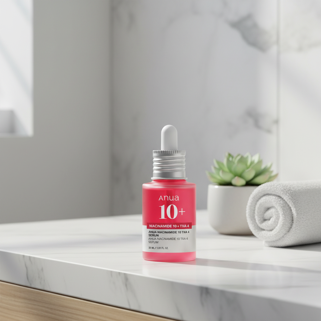 Anua 10+ serum bottle with dropper on a white background