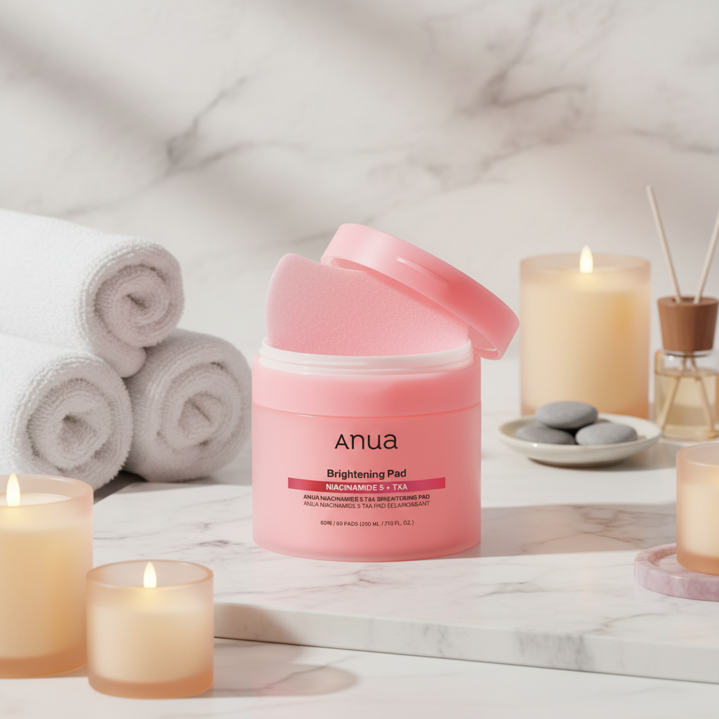 Pink jar of Anua Brightening Pad with a white background