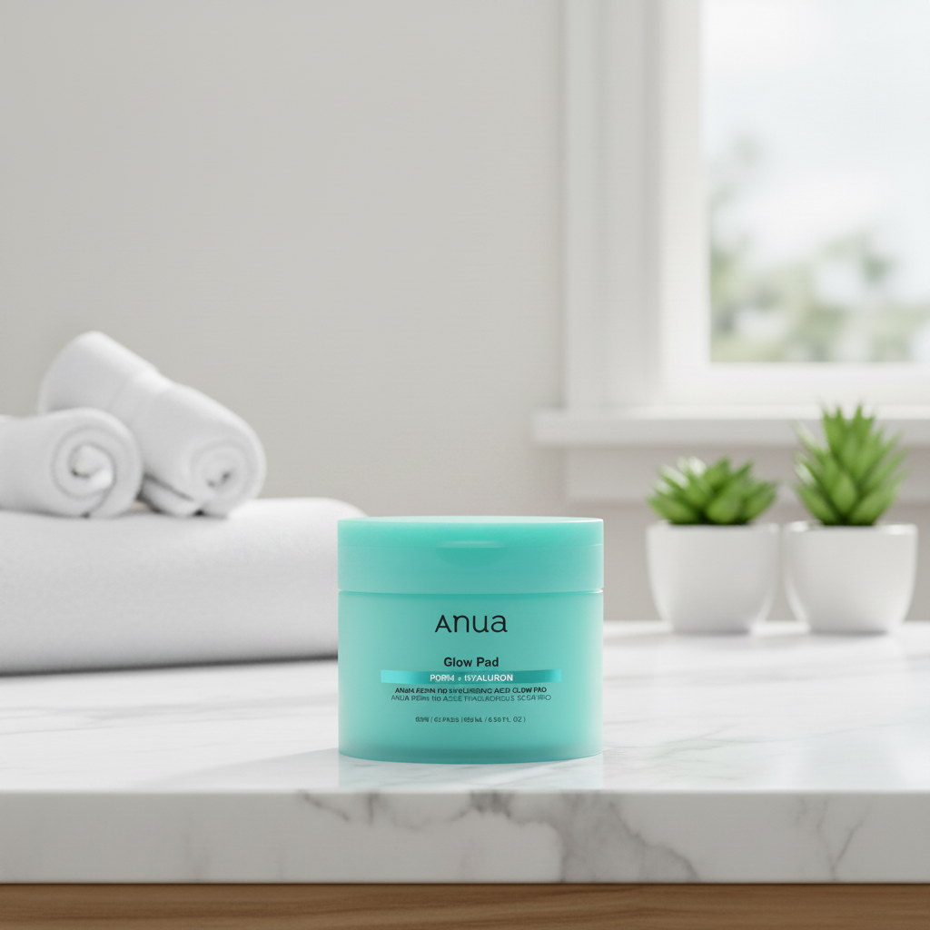 Anua Glow Pad container with a light blue lid on a white background