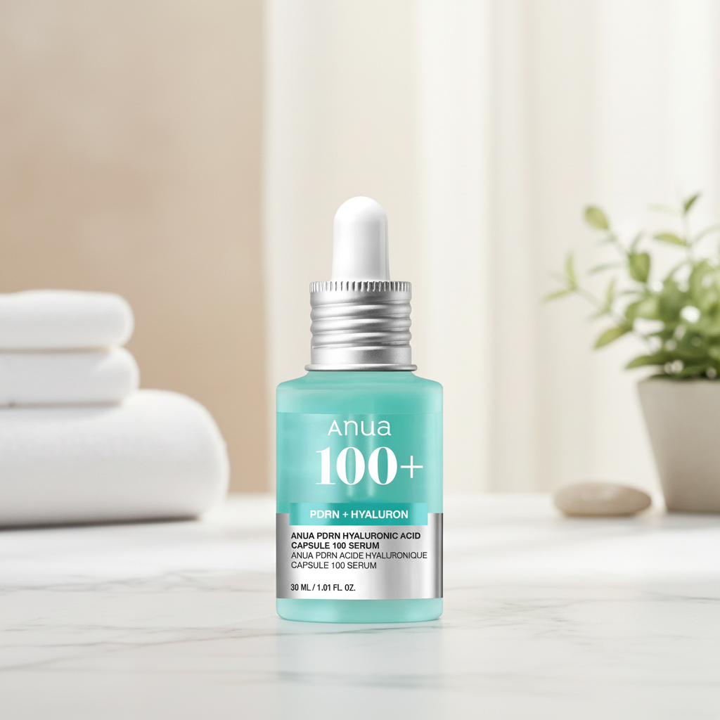 Anua 100+ serum bottle with dropper on a light green background