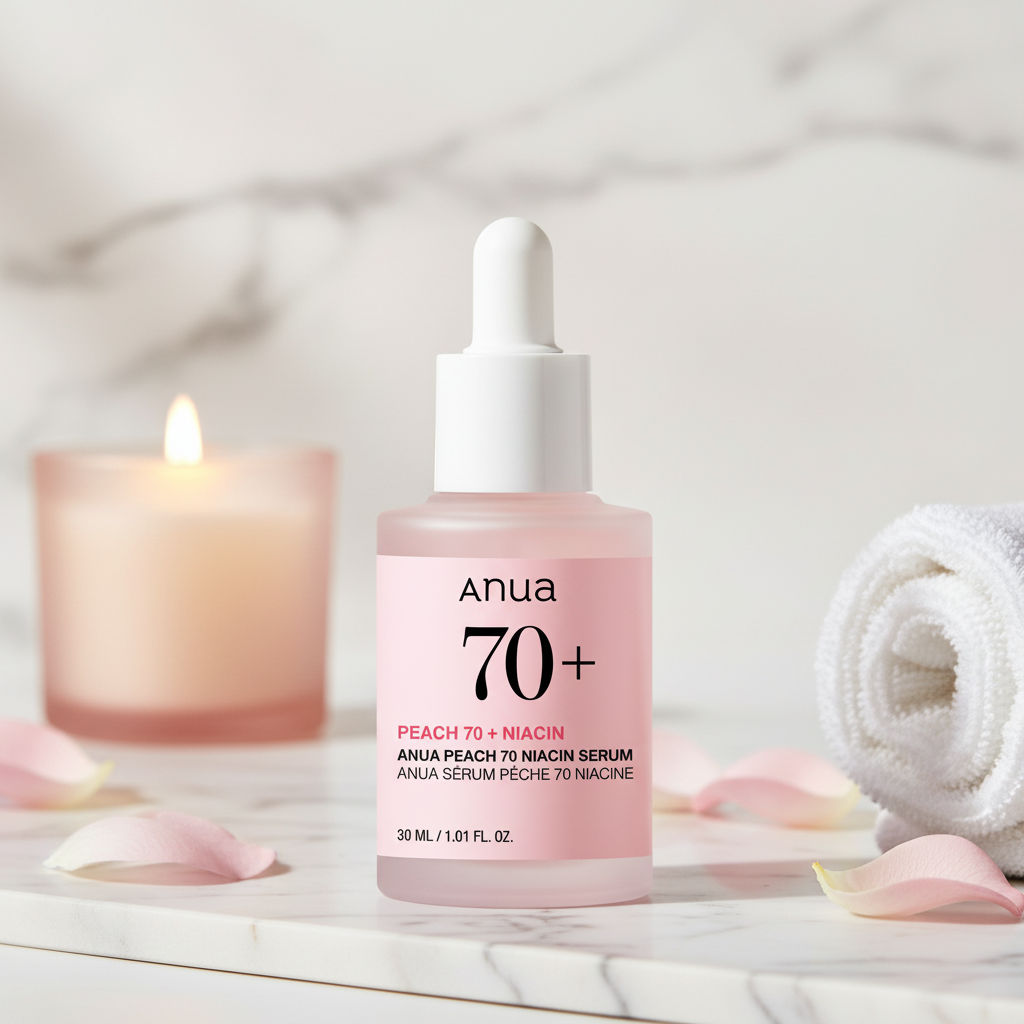 Anua 70+ Peach 70 + Niacin serum bottle on a light pink background