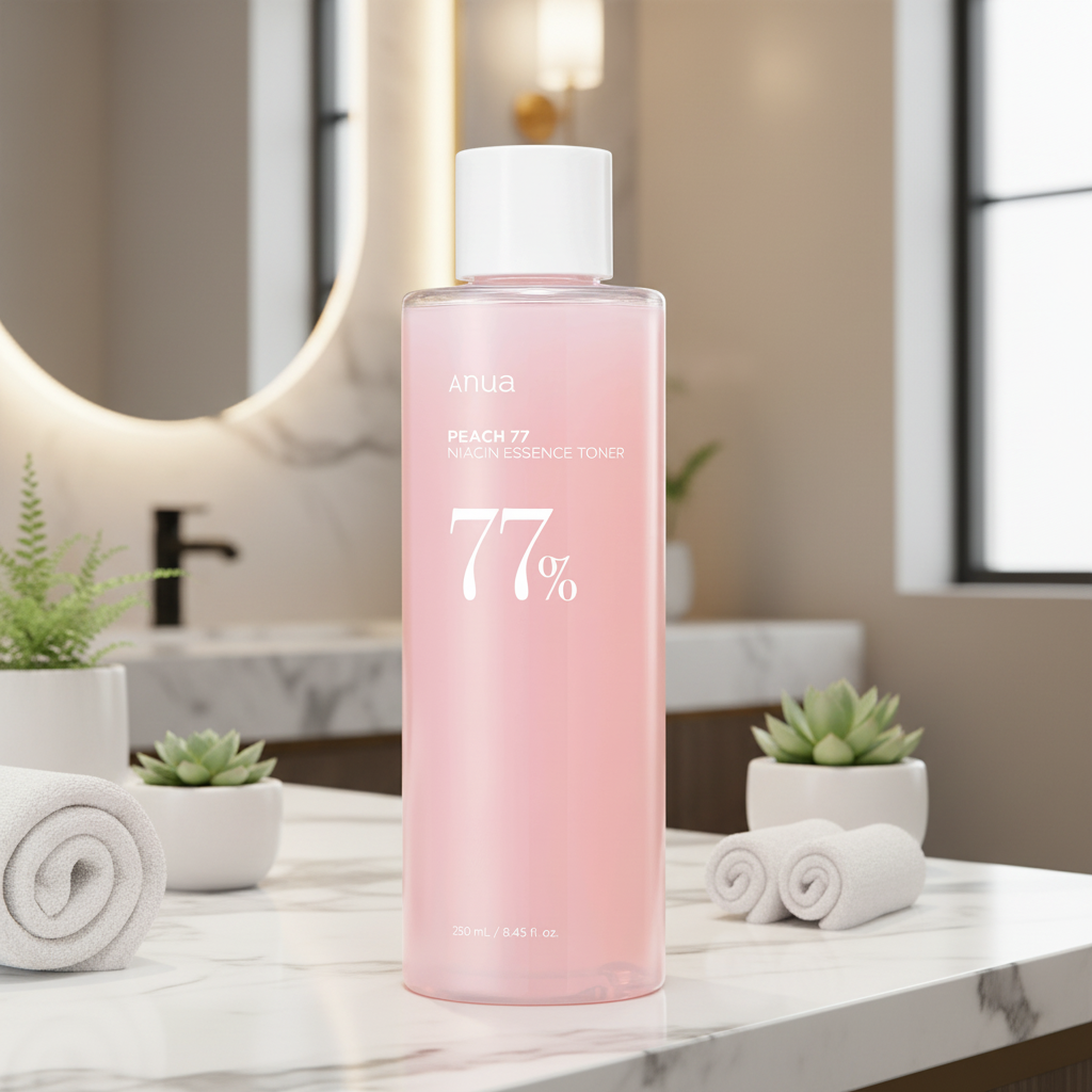 Pink bottle of skincare product with visible brand name on a white background
