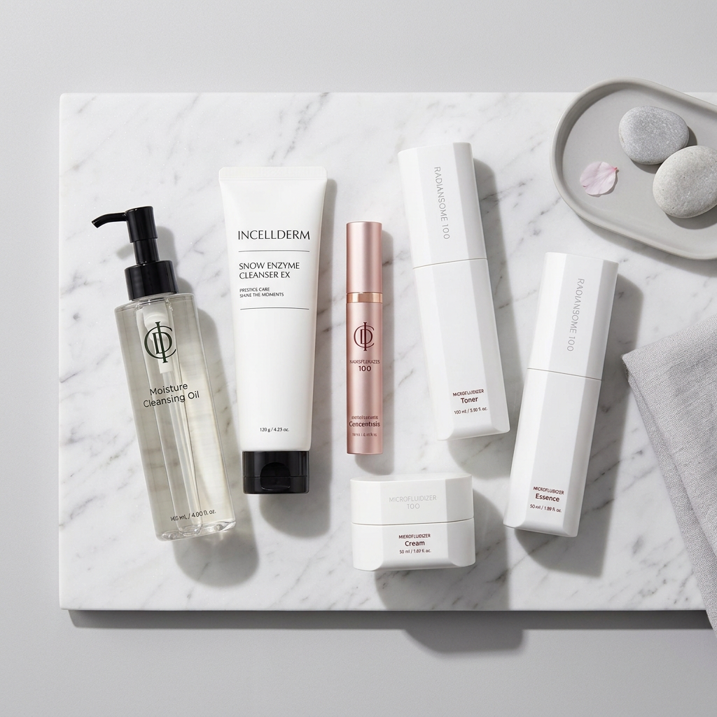 A six-piece skincare set from INCELDERM and RIMAN on a solid white background. The set includes a clear bottle of Moisture Cleansing Oil with a black pump, a white tube of Snow Enzyme Cleanser, a white bottle of Toner, a white bottle of Essence, a white jar of Cream, and a rose gold tube of Microblading Serum.