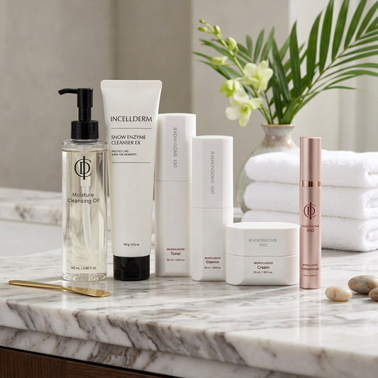 A six-piece skincare set from INCELDERM and RIMAN on a solid white background. The set includes a clear bottle of Moisture Cleansing Oil with a black pump, a white tube of Snow Enzyme Cleanser, a white bottle of Toner, a white bottle of Essence, a white jar of Cream, and a rose gold tube of Microblading Serum.