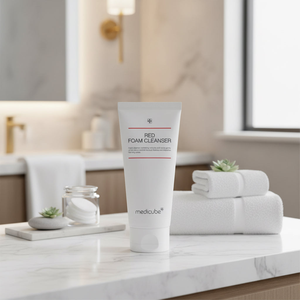 Medicube Red Foam Cleanser with foam on a white background