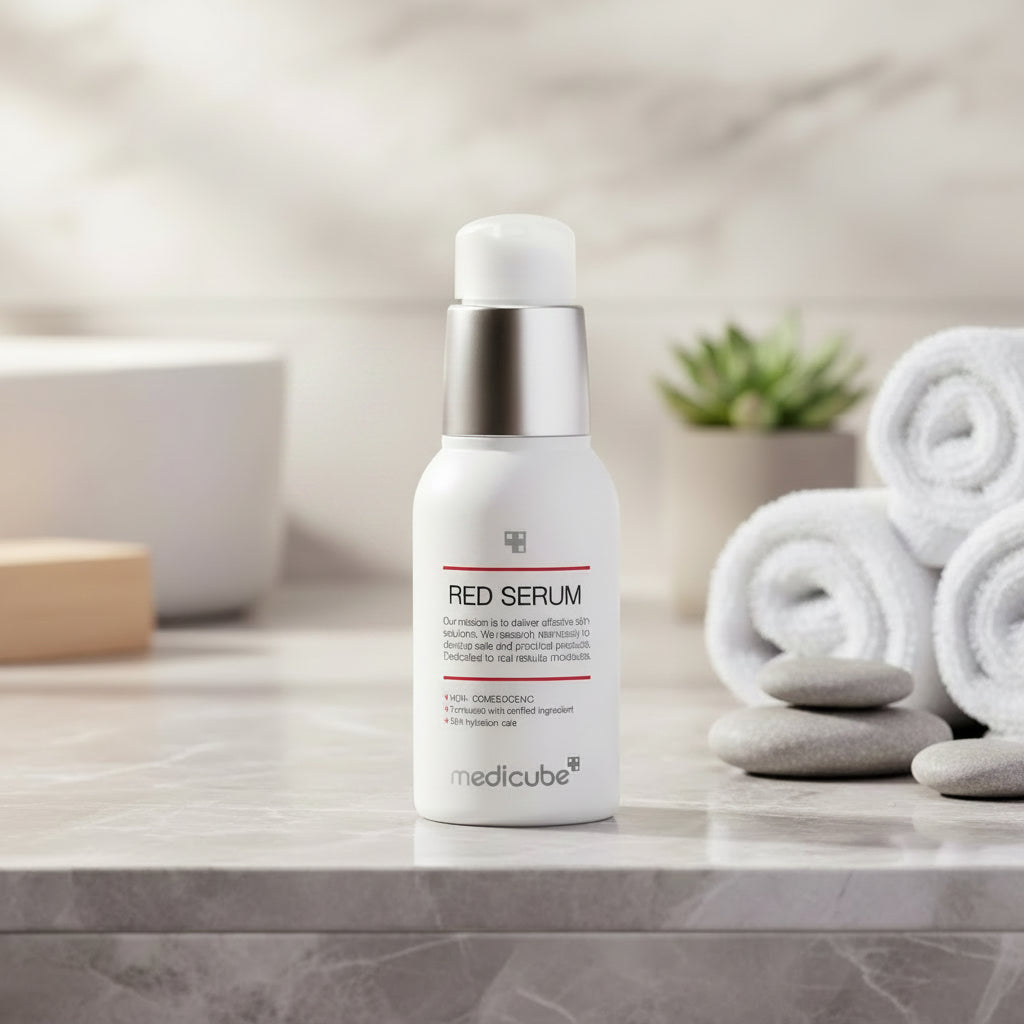 Medicube Red Serum bottle with a small amount of serum on a white background