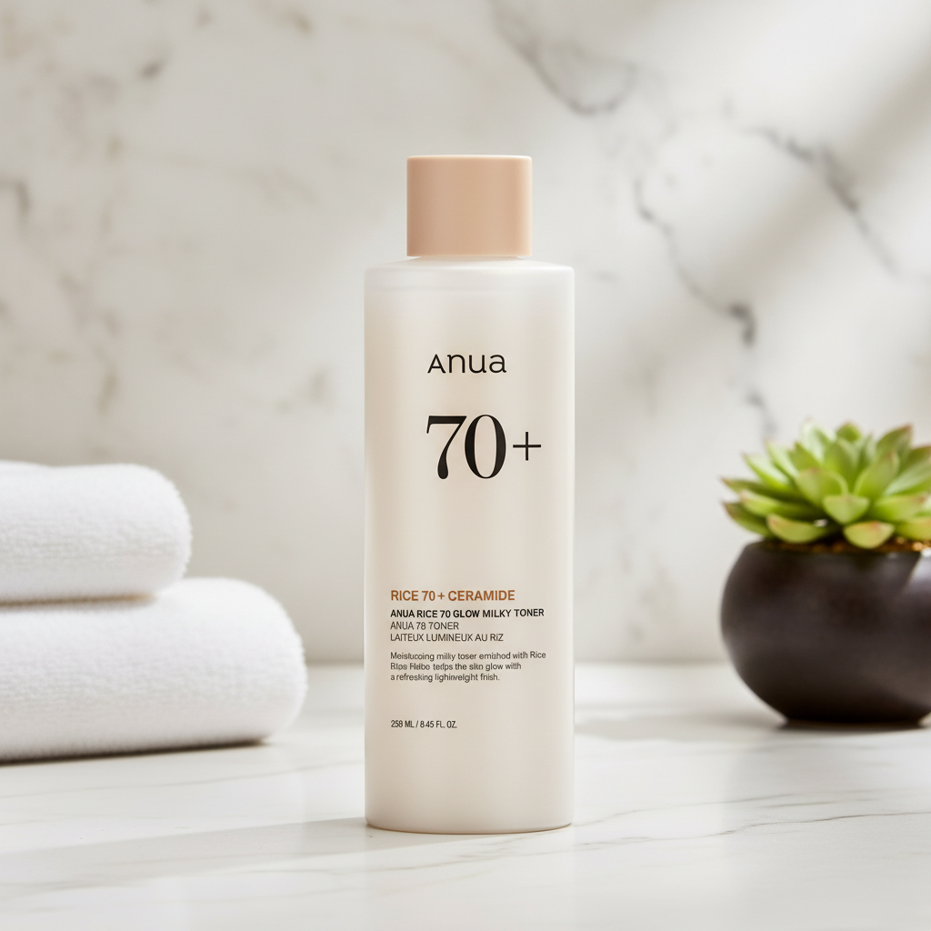 Anua 70+ skincare product bottle on a white background