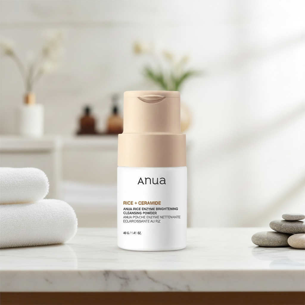 Anua skincare product with rice powder on a white background