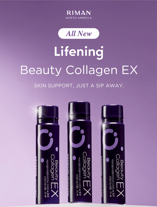 Riman Lifening Beauty Collagen EX bottles for skin support, featuring low molecular weight collagen peptides and blueberry aroma.
