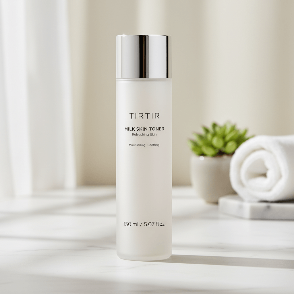 TIRTIR milk skin toner bottle with a vegan logo on a white background