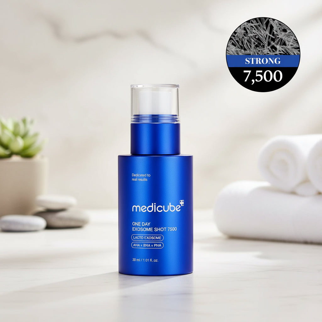 Blue skincare bottle with 'medicube' branding on a white background