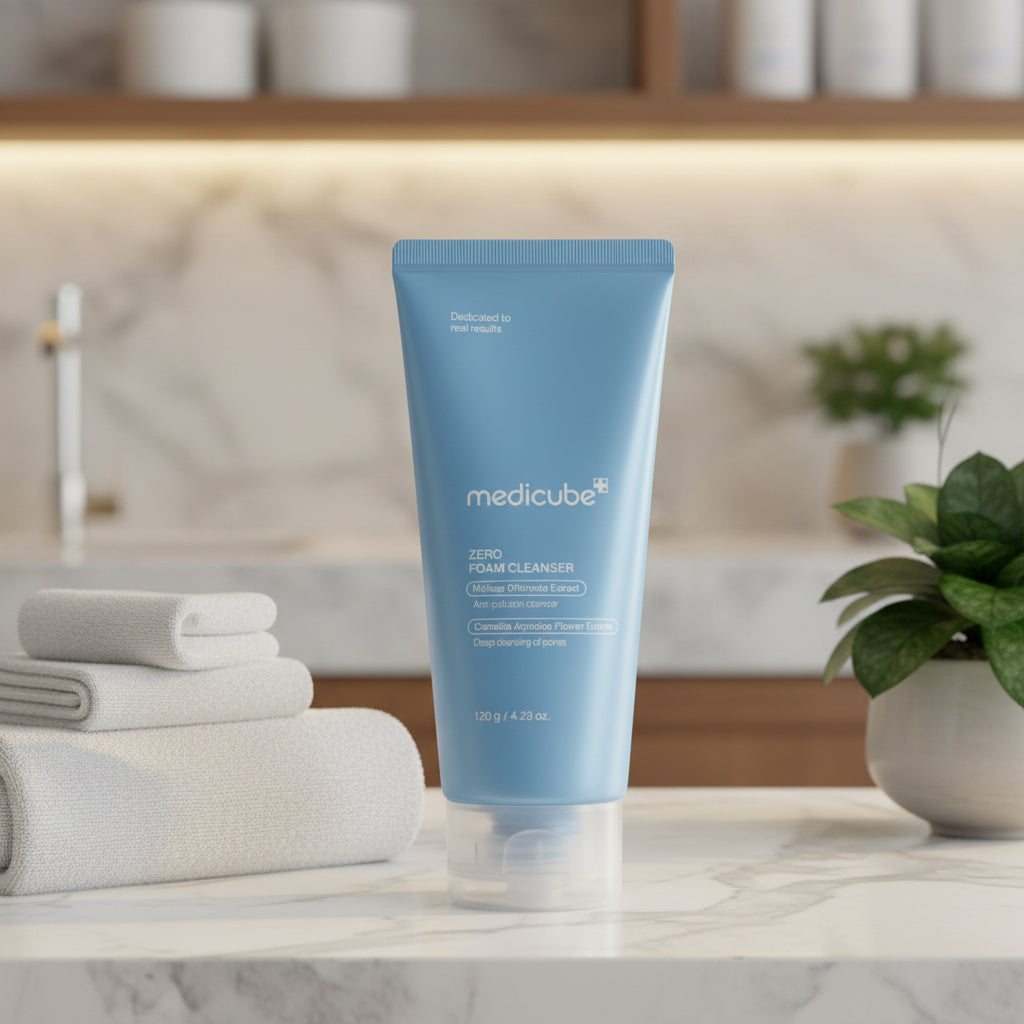 Blue tube of Medicube Zero Foam Cleanser on a white background
