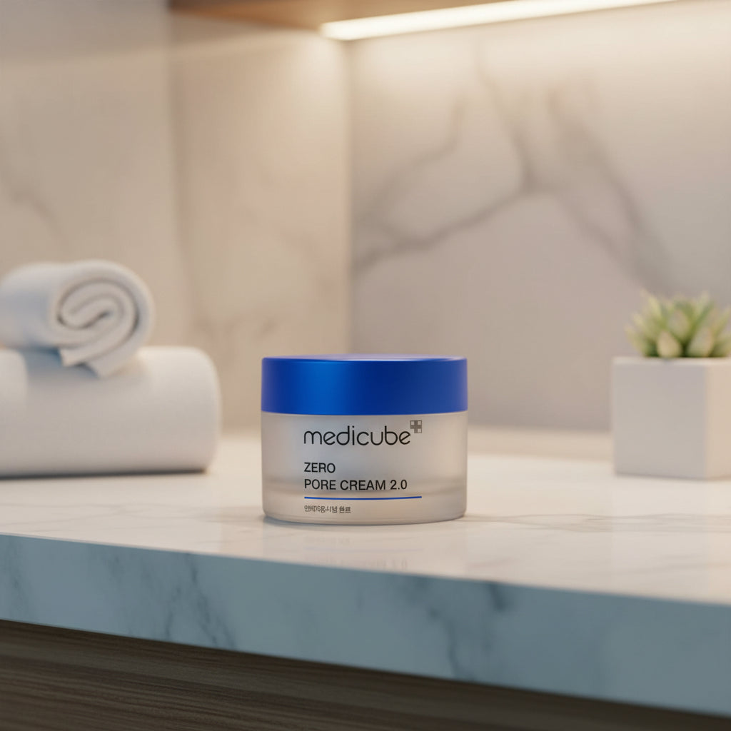 Medicube Zero Pore Cream 2.0 jar with blue lid on a white background