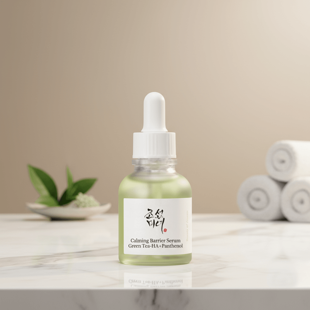 Beauty of Joseon Calming Serum: Green Tea + Panthenol on marble countertop with green leaves and towels.