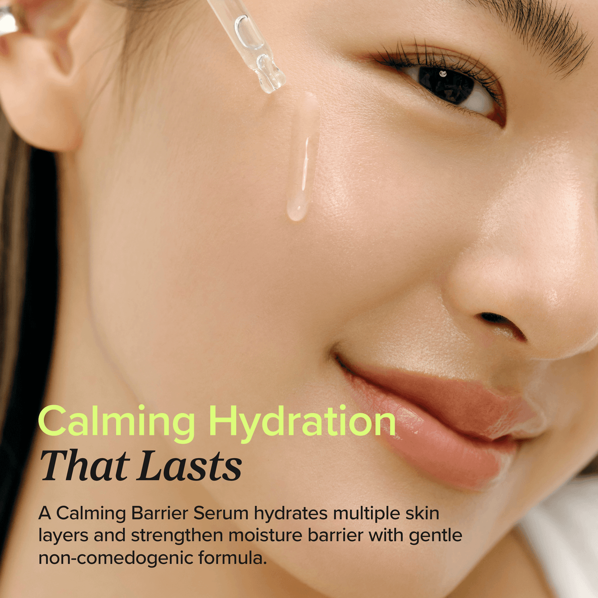Beauty of Joseon Calming Serum: Green Tea + Panthenol shown with hydration dropper on smooth skin.