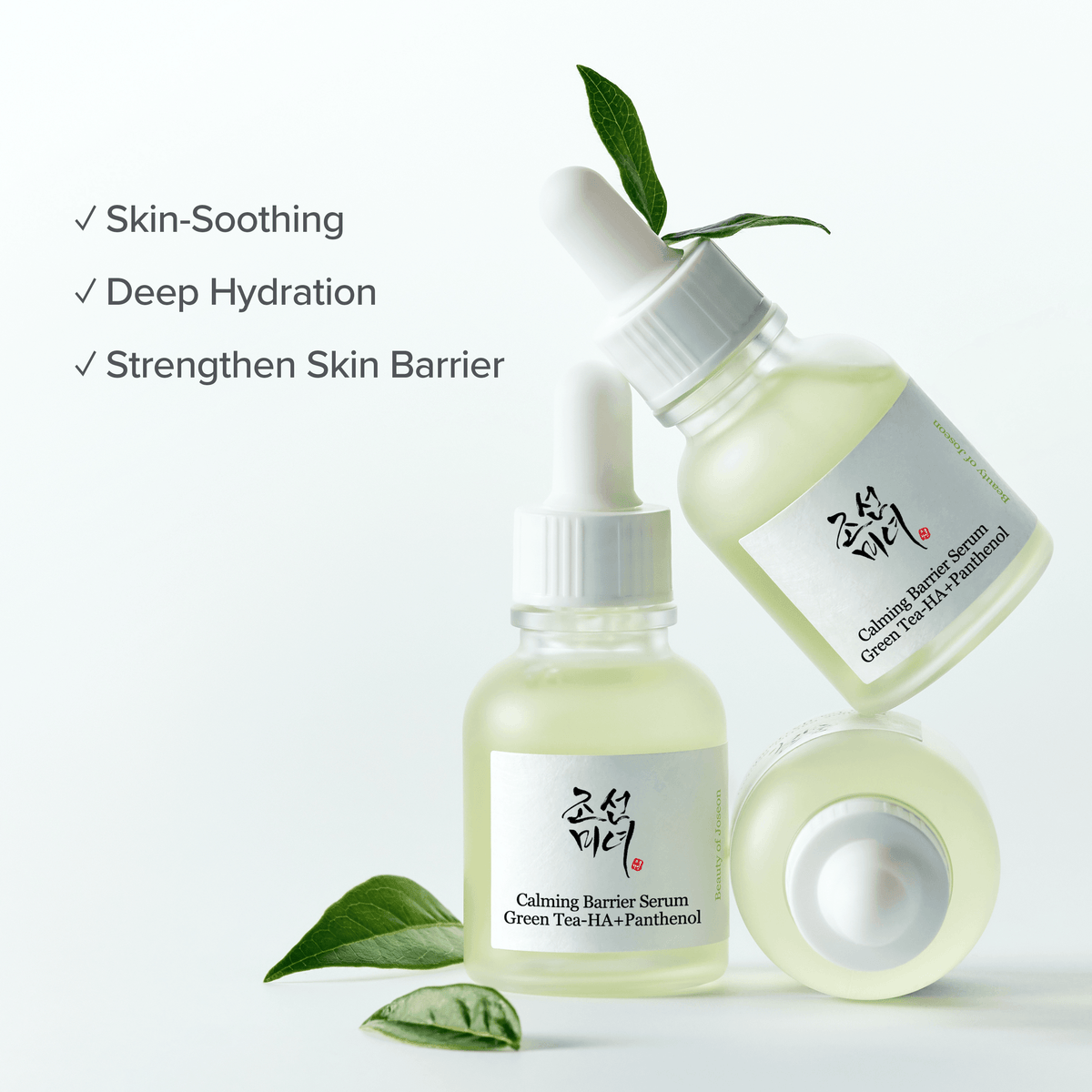 Beauty of Joseon Calming Serum: Green Tea + Panthenol in dropper bottles, promoting hydration and skin soothing.