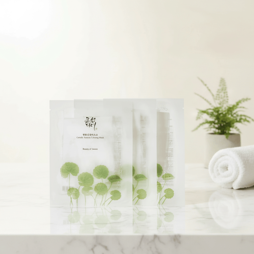 Beauty of Joseon Centella Asiatica Calming Mask packaging on marble with greenery.