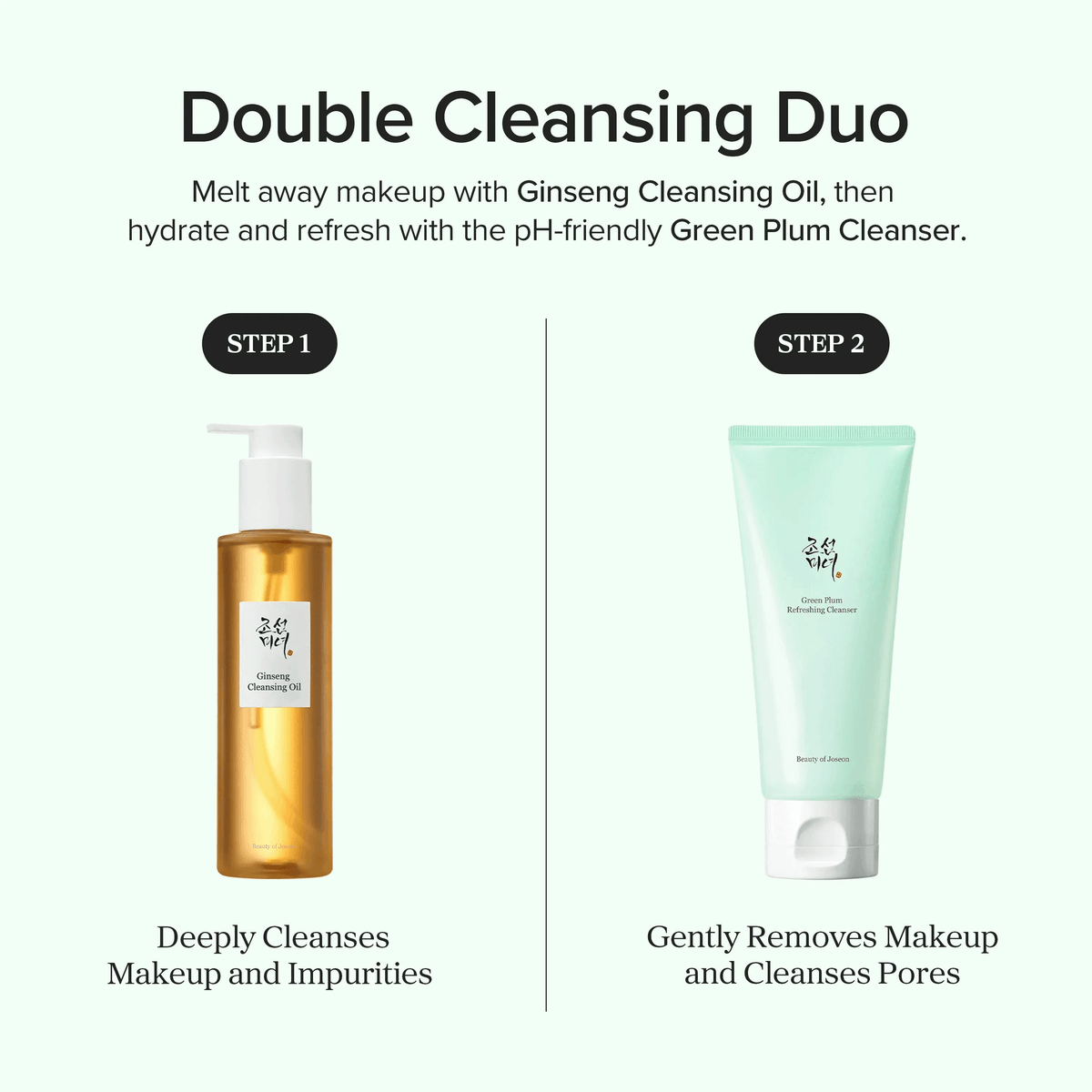 Beauty of Joseon Green Plum Refreshing Cleanser and Ginseng Cleansing Oil for Korean skincare routine.