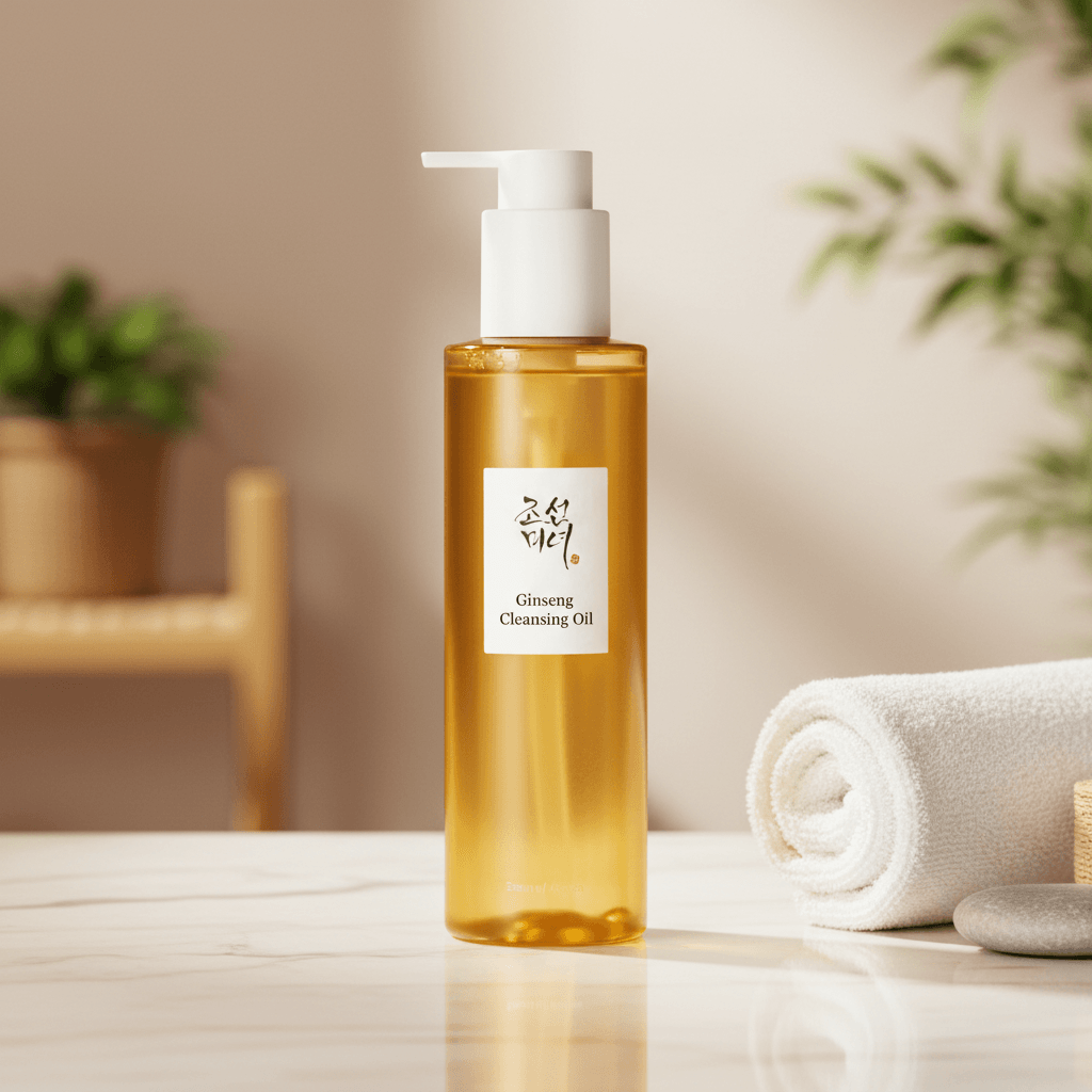 Beauty of Joseon Ginseng Cleansing Oil | Best Oil Cleanser Korean on a marble surface with a towel and plants in the background.
