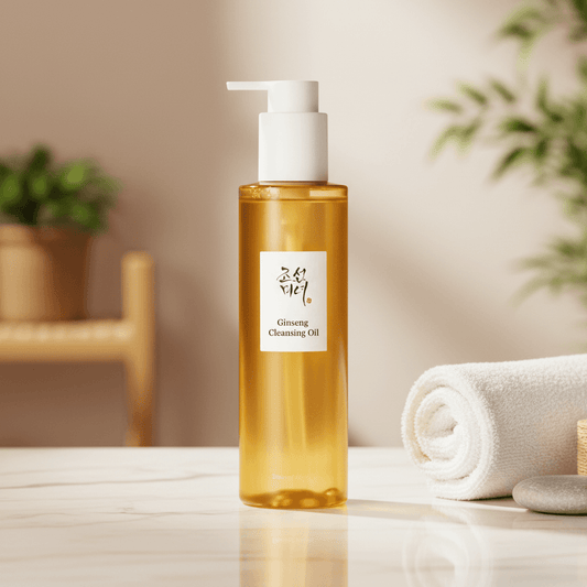 Beauty of Joseon Ginseng Cleansing Oil | Best Oil Cleanser Korean on a marble surface with a towel and plants in the background.
