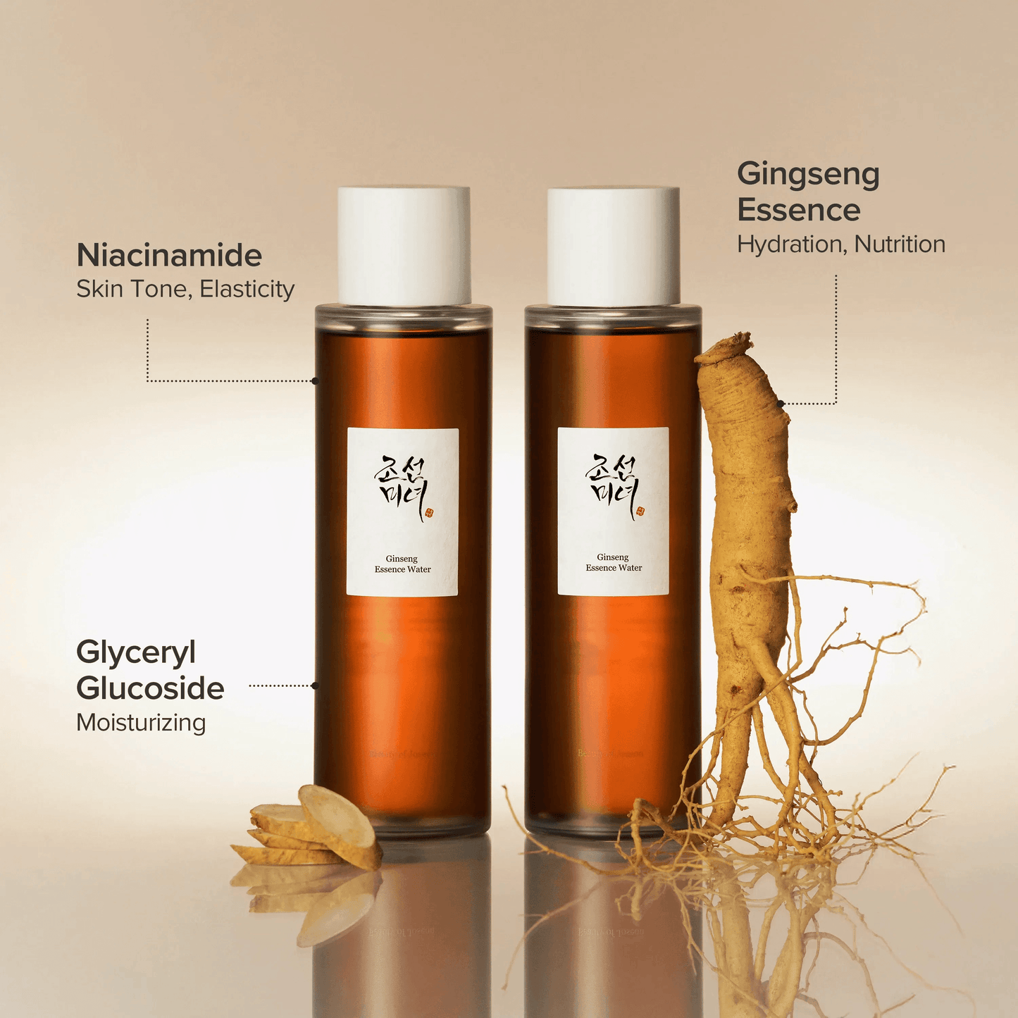 Beauty of Joseon Ginseng Essence Water bottles highlighting key ingredients for Korean skincare.