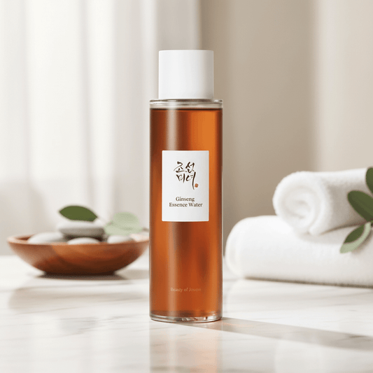 Beauty of Joseon Ginseng Essence Water bottle on a marble countertop with towels and stones, part of Korean skincare.