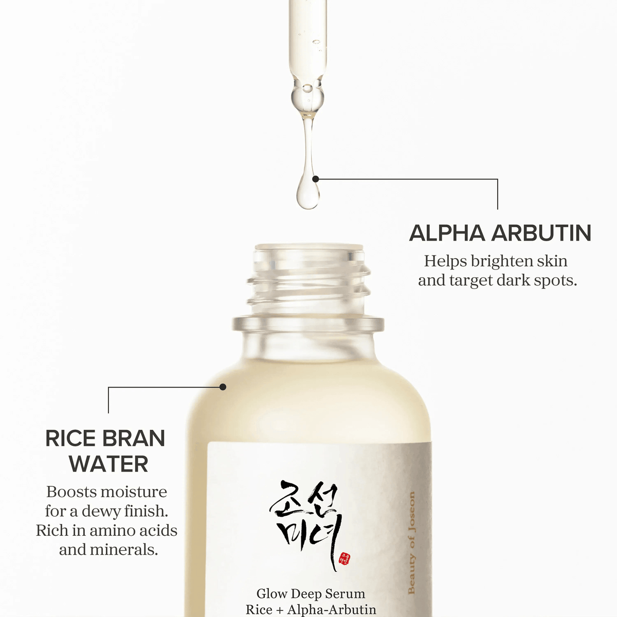 Beauty of Joseon Glow Deep Serum Rice Alpha-Arbutin bottle with rice bran water and alpha arbutin highlights.