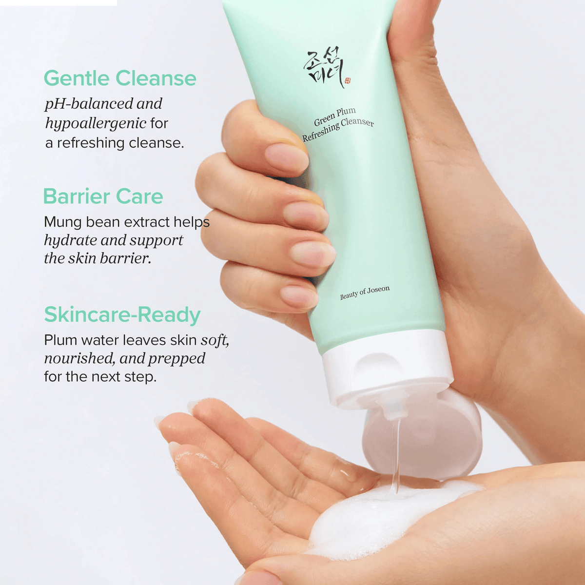 Beauty of Joseon Green Plum Refreshing Cleanser being poured into a hand, perfect for Korean skincare.