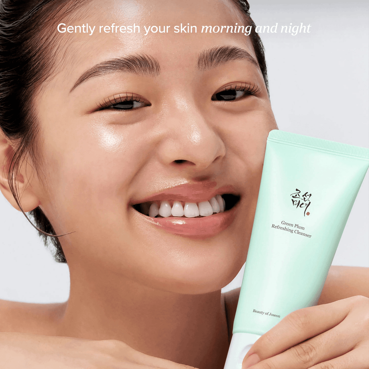 Beauty of Joseon Green Plum Refreshing Cleanser shown in use for gentle skin refreshing in Korean skincare.