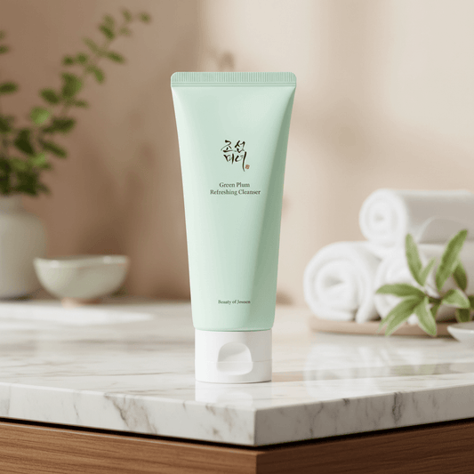 Beauty of Joseon Green Plum Refreshing Cleanser on a marble countertop, highlighting Korean skincare.