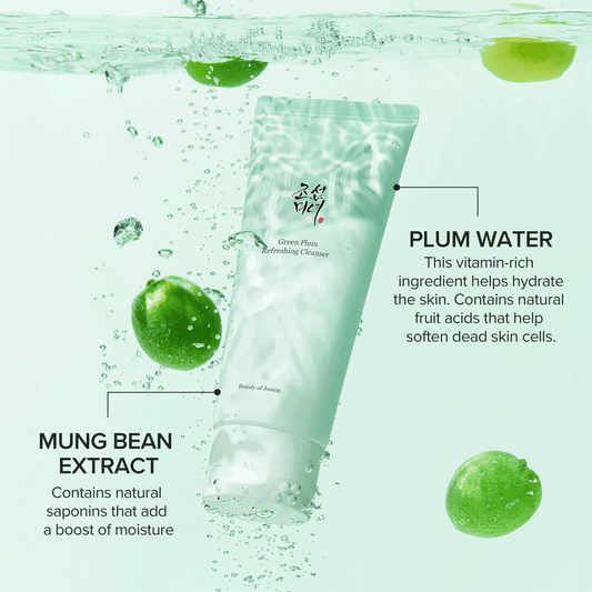Beauty of Joseon Green Plum Refreshing Cleanser in water with green plums, highlighting its hydrating ingredients.